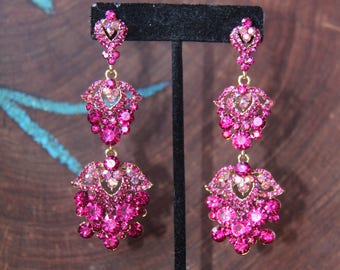 fuchsia rhinestone earrings, pink rhinestone long dangle earrings, fuchsia prom earrings, hot pink pageant earrings, valentine's earrings