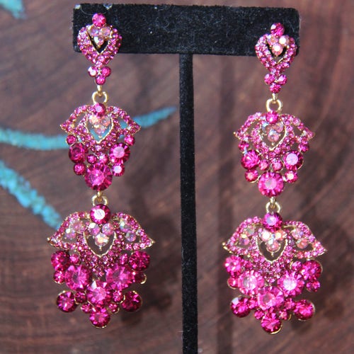 Fuchsia Rhinestone Earrings Pink Rhinestone Long Dangle - Etsy