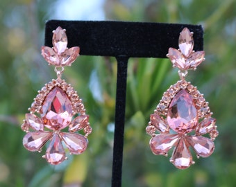 rose gold earrings, rose gold prom earrings, blush pink wedding earrings, rose dangle rhinestone earrings, coral crystal earrings