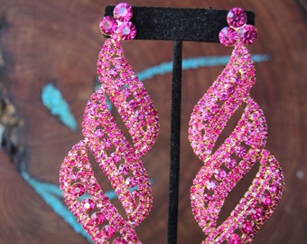hot pink earrings, fuchsia large rhinestone earrings, huge chandelier pink earrings, pink long pageant earrings, valentine earrings
