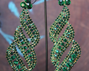 emerald earrings, emerald green earrings, emerald rhinestone earrings,long chandelier earrings, extra large pageant earrings, oversized