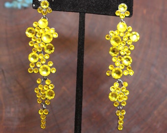 yellow earrings, citrine yellow earrings, yellow dangle pageant earrings, yellow rhinestone earrings, yellow pageant earrings