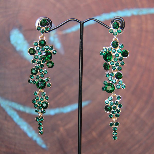 emerald green dangle earrings, rhinestone pageant earrings, red rhinestone earrings, blue prom earrings