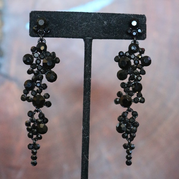 black dangle earrings, black rhinestone earrings, black prom earrings, black bridesmaid earrings, long black earrings, mother of the bride