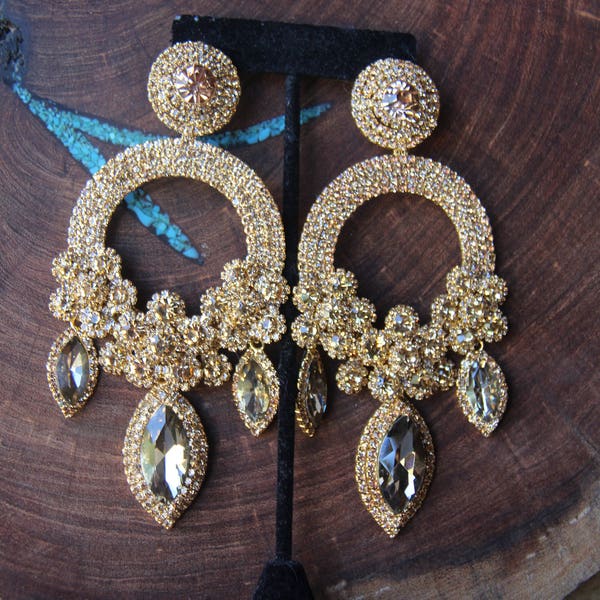 gold extra large rhinestone earrings, gold huge pageant earrings, gold oversized earrings, stage earrings, gold statement clip on earrings