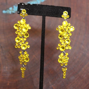 yellow earrings, citrine yellow earrings, yellow dangle pageant earrings, yellow rhinestone earrings, yellow pageant earrings