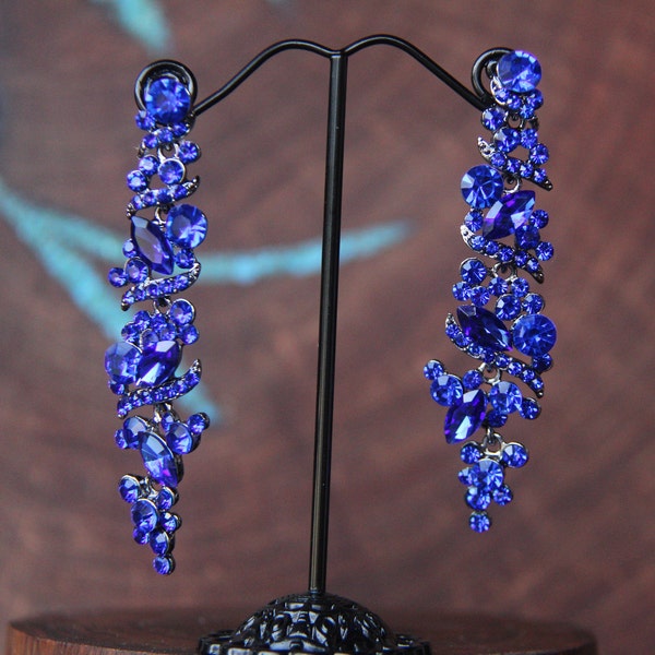 cobalt earrings, cobalt blue rhinestone earrings, royal blue earrings, crystal earrings, blue dangle earrings, holiday earrings