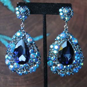 navy earrings, chunky navy earrings, dark blue earrings, navy prom earrings, large chunky pageant earrings, navy blue wide earrings