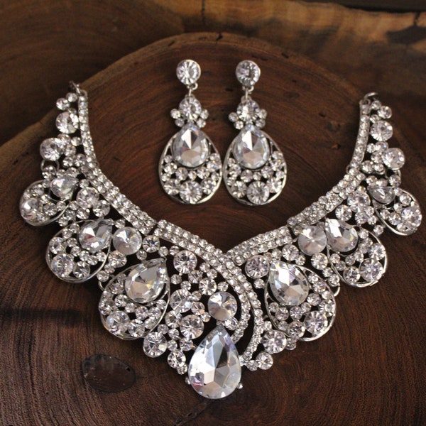 bridal rhinestone necklace and earrings set, crystal rhinestone pageant necklace set, larger rhinestone prom necklace set, bridesmaid set