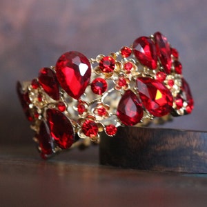 red prom bracelet, red rhinestone bracelet, red crystal stretch bracelet, red pageant bracelet, wide red bracelet, large red bracelet