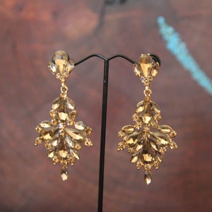 gold earrings, gold rhinestone earrings, gold prom earrings, gold bridal earrings, gold evening earrings, gold topaz pageant earrings