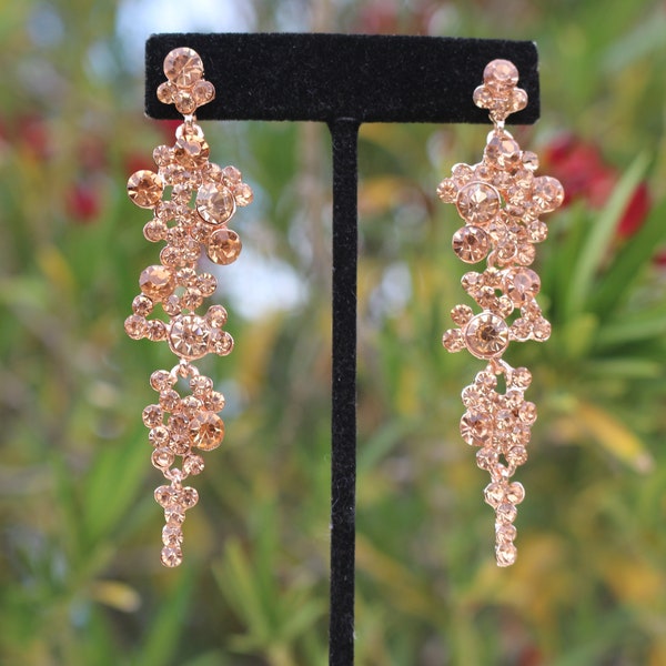 rose gold dangle earrings, rose gold prom earrings, rose gold pageant earrings, rose gold rhinestone dangle earrings