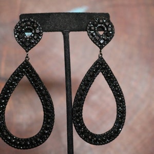 long black rhinestone hoop earrings, large black pageant hoops, clip on pageant hoop earrings, clip on prom hoop earrings