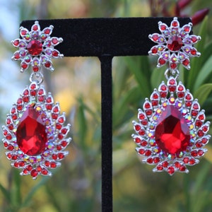 red clip on earrings, red dangle earrings, red rhinestone earrings, red bridal earrings, red bridesmaid earrings, red prom earrings