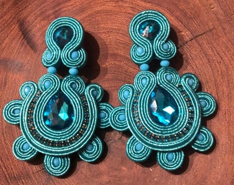 Soutache crystal earrings, teal soutache embroidered earrings, teal clip on earrings, aqua statement clip on earrings