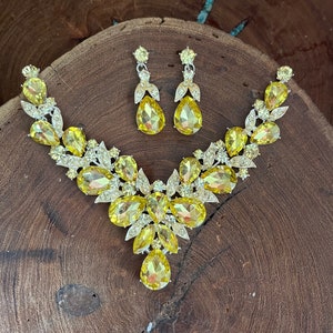 Yellow rhinestone necklace and earrings set, citrine rhinestone bridesmaid necklace and earrings set