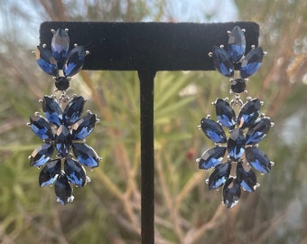 Navy rhinestone bridal earrings, deep blue wedding earrings, navy bridal earrings, navy evening earrings