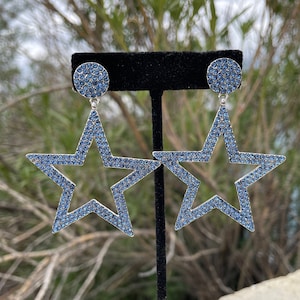 Light blue star earrings, oversized blue star earrings, large star clip on earrings