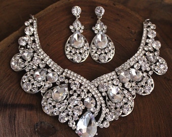 bridal rhinestone necklace and earrings set, crystal rhinestone pageant necklace set, larger rhinestone prom necklace set, bridesmaid set