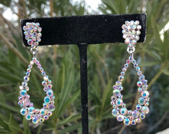 Ab prom hoops, iridescent clip on hoops, aurora borealis hoops, ab rhinestone earrings