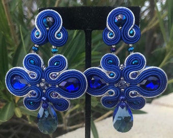 Statement blue clip on earrings, large blue rhinestone clip on earrings