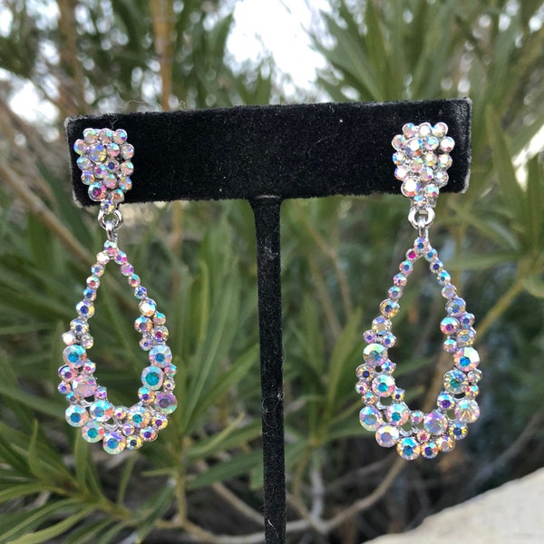 Ab prom hoops, iridescent clip on hoops, aurora borealis hoops, ab rhinestone earrings