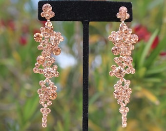 rose gold dangle earrings, rose gold prom earrings, rose gold pageant earrings, rose gold rhinestone dangle earrings