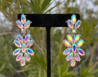 ab dangle earrings, iridescent crystal earrings, ab prom earrings, aurora borealis earrings