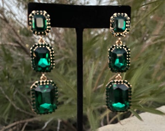 Emerald rhinestone earrings, emerald holiday earrings