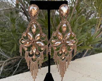 Gold large chandelier earrings, gold rhinestone extra large earrings, gold pageant earrings