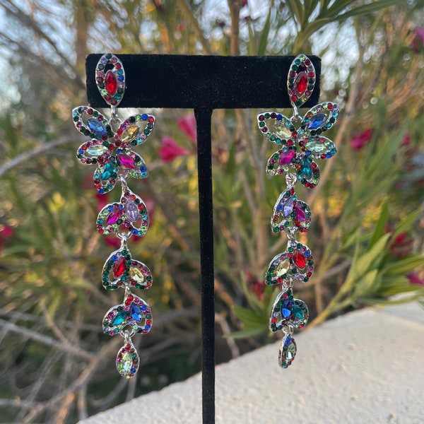 Multi color dangle earrings, long colorful rhinestone earrings