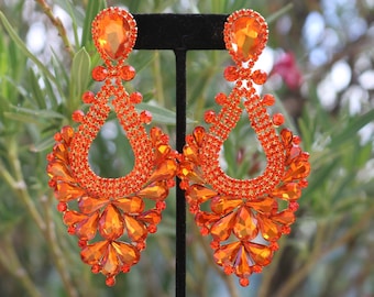 Orange earrings, oversized orange earrings, large orange rhinestone earrings, orange pageant earrings, clip on orange earrings