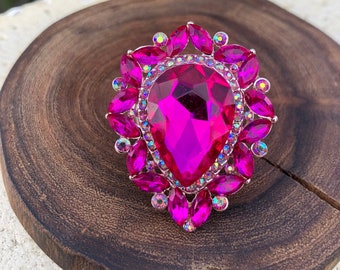 Large fuchsia rhinestone ring, oversized hot pink ring, statement fuchsia pageant ring