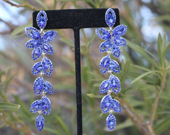 Blue dangle earrings, blue rhinestone earrings, blue long bridal earrings, bUse prom earrings, blue pageant earrings