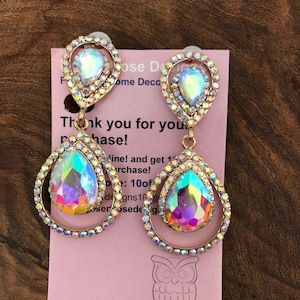 Ab clip on earrings, iridescent crystal clip on earrings, aurora borealis clip on earrings, ab pageant clip on earrings