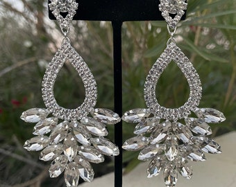 Long crystal hoop earrings, large rhinestone earrings, clear rhinestone pageant earrings