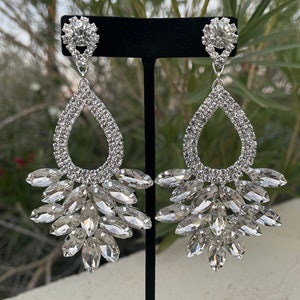 Long crystal hoop earrings, large rhinestone earrings, clear rhinestone pageant earrings