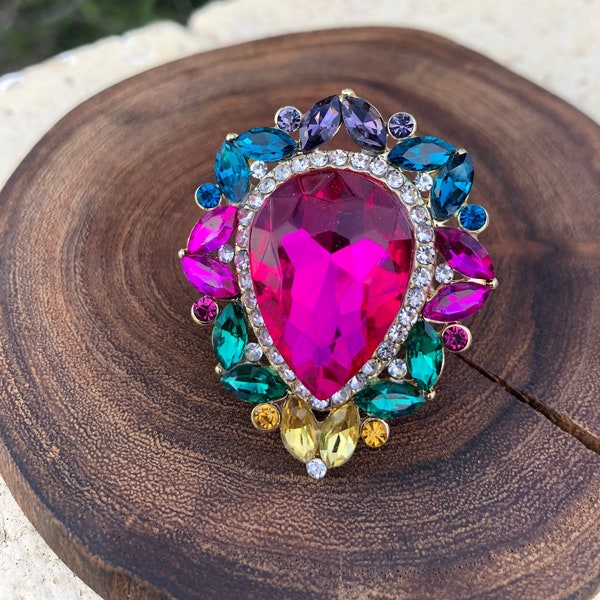 Multi color crystal ring, fuchsia large ring, fuchsia and multi color crystal ring, multi color statement ring