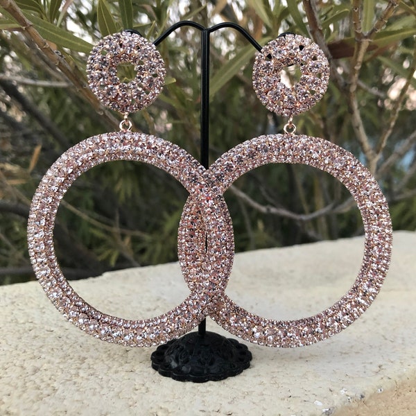 Rose gold rhinestone hoops, rose gold earrings, rose gold crystal hoop earrings, large rose gold hoops