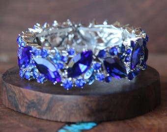 royal blue rhinestone bracelet, royal blue crystal bracelet, pageant rhinestone bracelet, prom crystal bracelet, blue rhinestone bracelet