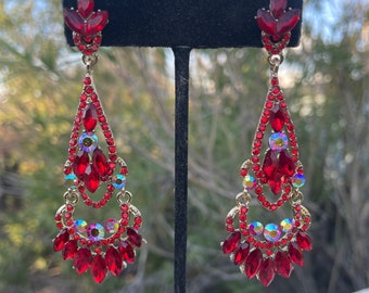 Red chandelier earrings, red ab rhinestone earrings