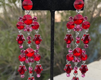 Long red rhinestone earrings, red and pink earrings, red and pink holiday earrings