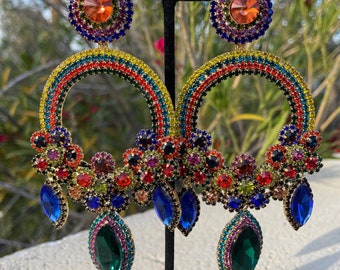 Oversized multi color rhinestone earrings, multi color chandelier large earrings, colorful statement earrings