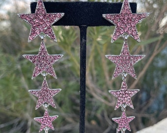 Pink star earrings, pink rhinestone long earrings