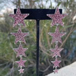 Pink star earrings, pink rhinestone long earrings