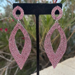 Light pink earrings, rose pink long earrings, blush pink pageant earrings, pink clip on earrings