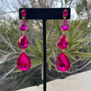 Fuchsia dangle earrings, hot pink rhinestone long earrings, fuchsia prom earrings, magenta earrings image 1