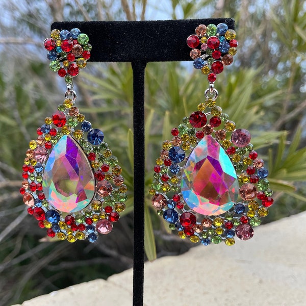 Multi color rhinestone earrings, multi color iridescent pageant earrings, multi color ballroom earrings