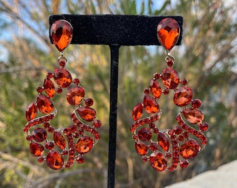 Orange rhinestone earrings, orange earrings, orange crystal earrings