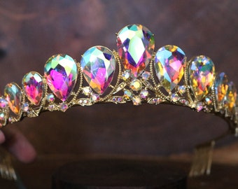 ab rhinestone tiara, iridescent crystal tiara, prom aura borealis tiara, iridescent quinceanera tiara, bridal ab head piece, prom head piece